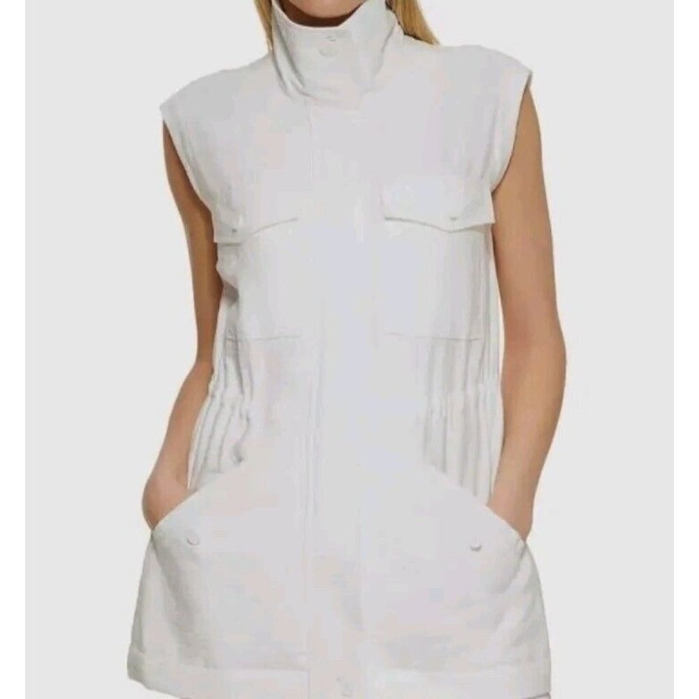 $130 DKNY Women's Ivory Convertible Collar Zip-Up Vest Jacket Coat Size S